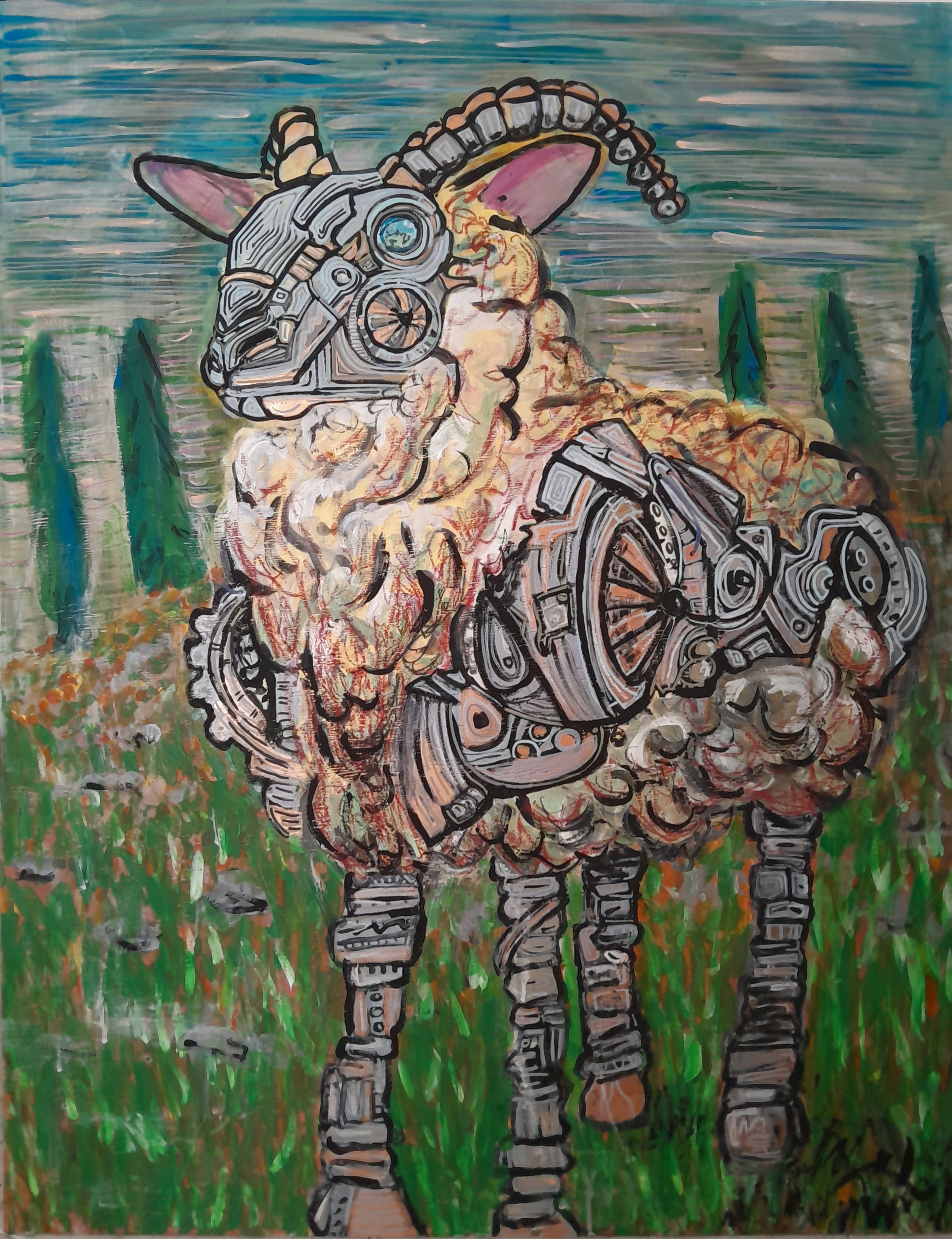 Borrego Robot - Borregoloandia (Sheep City) serie — Acrylic on canvas, 2026