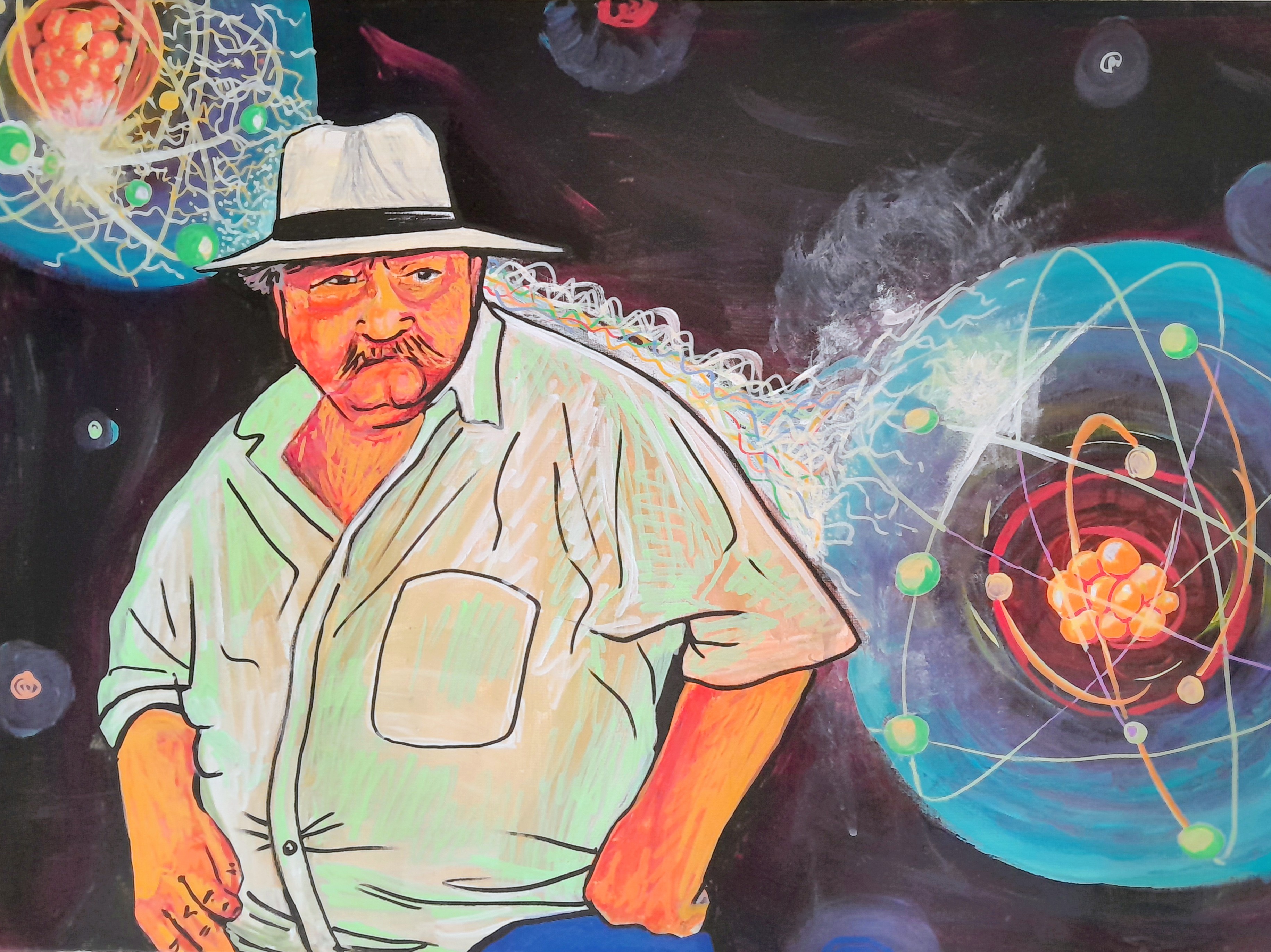 Patriarca Gitano e la meccanica quantistica (mecánica cuántica) - Natural Vs. Artificial Waves serie — Acrylic on wood, 2026