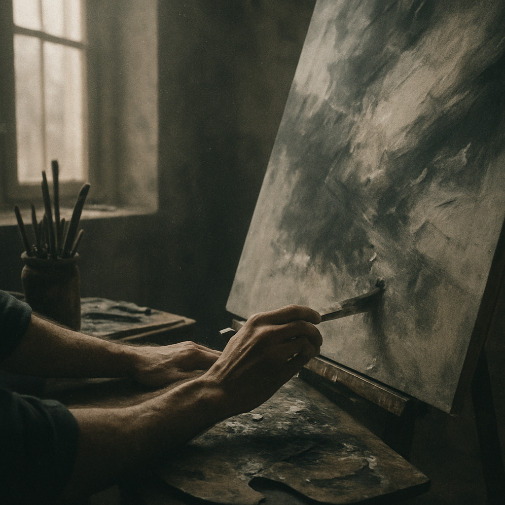 Working in the studio, painting on a large canvas in natural light